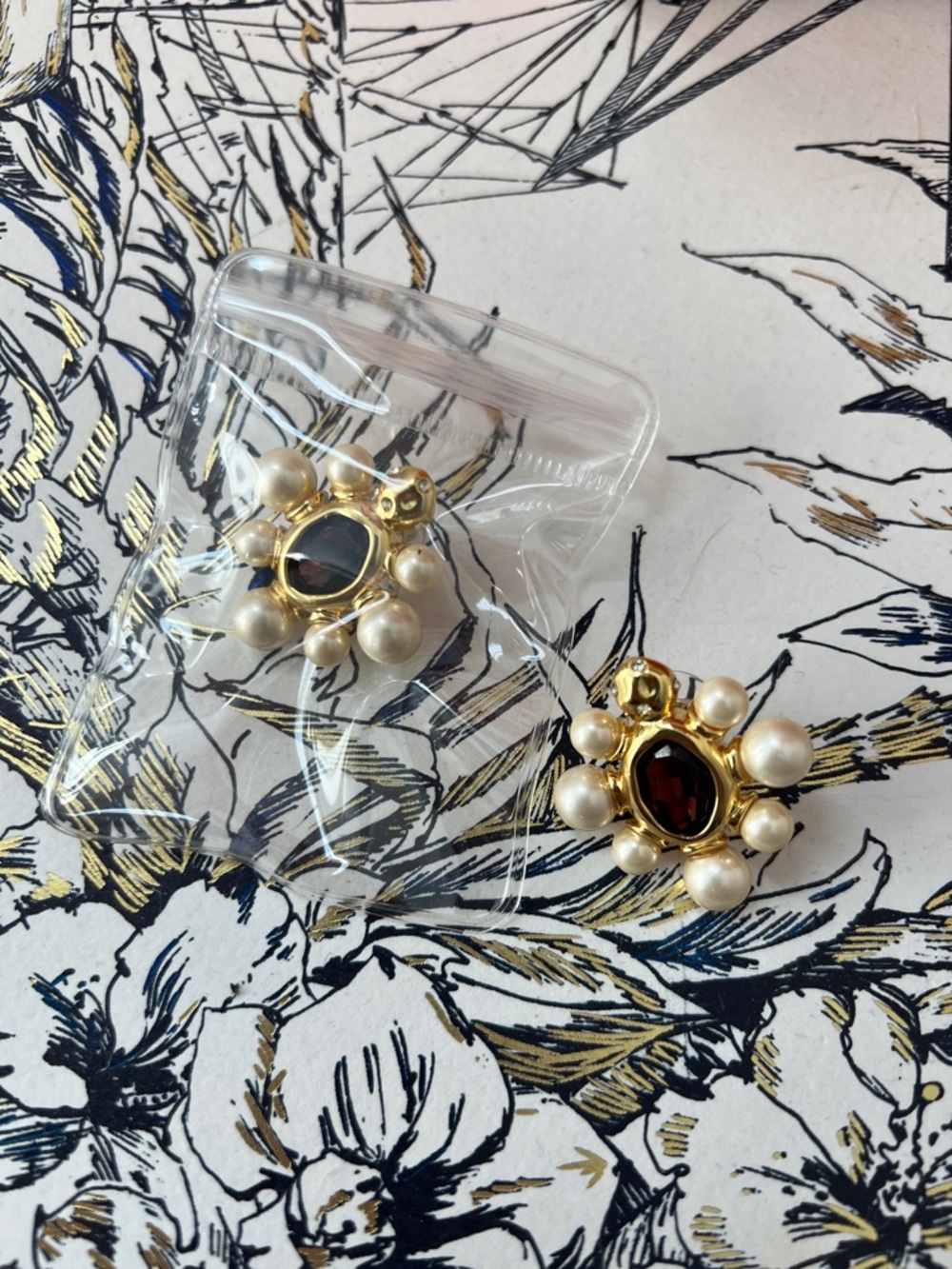 Gold Pearl Cluster Earrings with maroon Gemstone